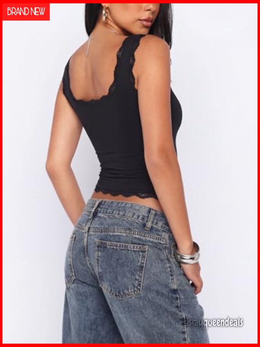 Padded Lace Crop Tank Top Square Neck Double Lined Going Out Top - Picture 2 of 7